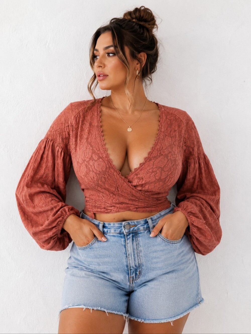 Free People Dolly Wrap Top Terra Cotta Lace Boho Balloon Sleeve Crop Blouse L - Picture 11 of 16